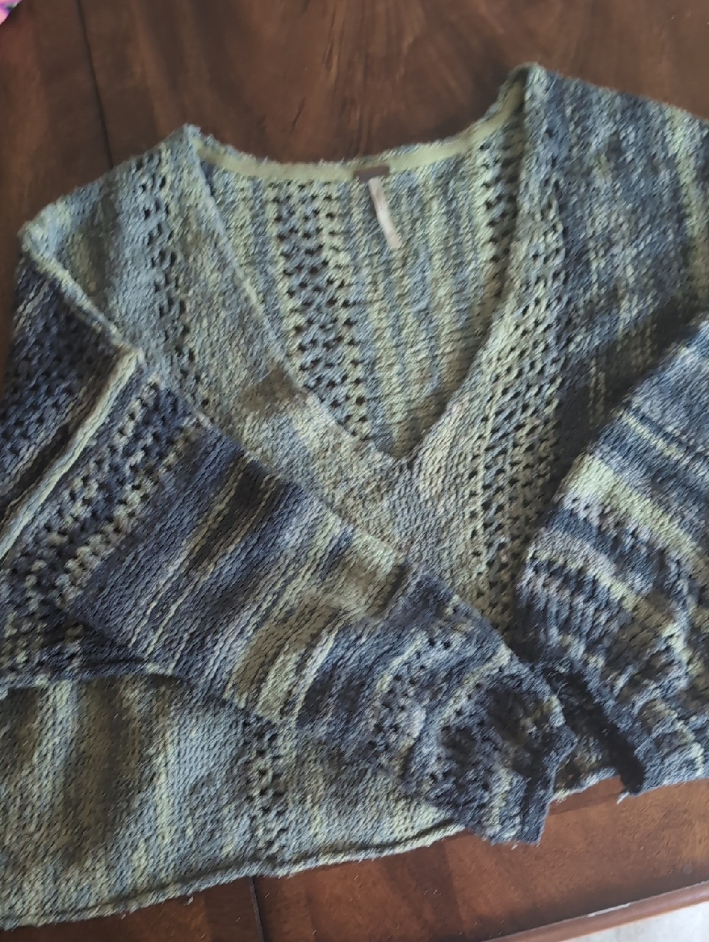 Free People V-Neck Open Knit Sweater in Grey-Blue and Green